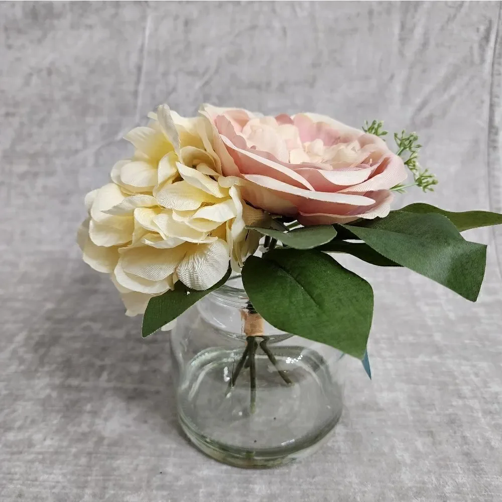 New Silk Rose Hydrangea Peony Artificial Flowers in Clear Glass Vase